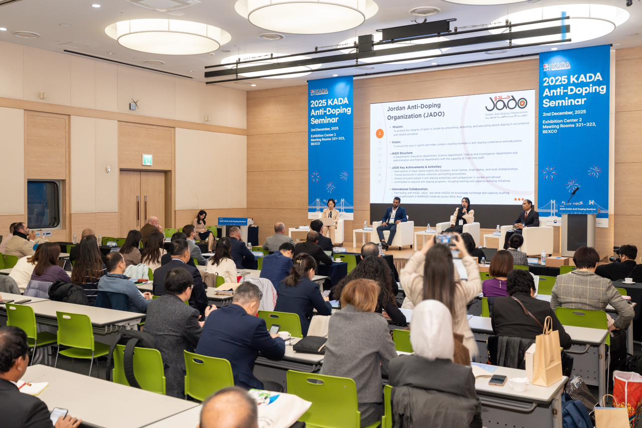 The Jordan Anti-Doping Organization (JADO), represented by Ms. Kifah Taha, Head of the Scientific Department, participated in the annual Anti-Doping Seminar organized by the Korea Anti-Doping Agency (KADA) in Busan, South Korea